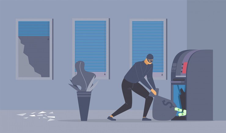 Vector intento de robo en un banco ilustración plana.