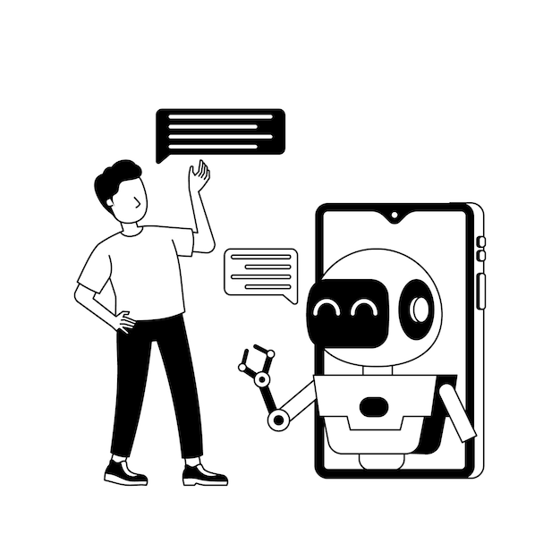 Interacción humana con robot en smartphone o chatbot inteligencia artificial chateando con ai para responder a la pregunta ilustración negra