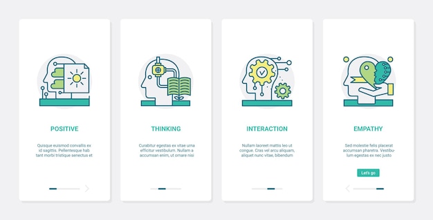 Interacción de pensamiento positivo en psicología, UX, UI onboarding mobile app page screen set