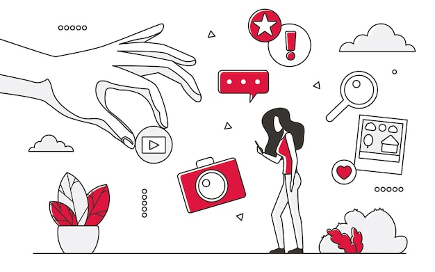 Intercambio de contenidos fotográficos y vídeos en redes sociales Usuarios de redes digitales que publican ilustraciones monocolor vectoriales de actividad