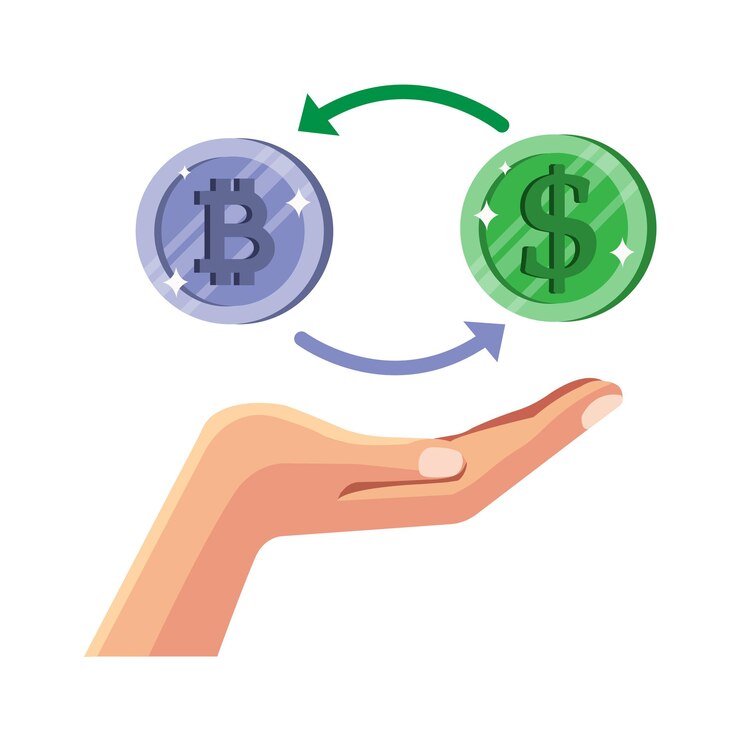 Vector intercambio entre criptomoneda y moneda fiduciaria ilustrado por un gesto de la mano