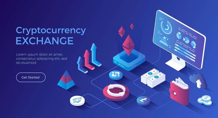 Vector intercambio de criptomonedas y blockchain bitcoin ethereum a la plataforma de intercambio de dólares mercado de dinero
