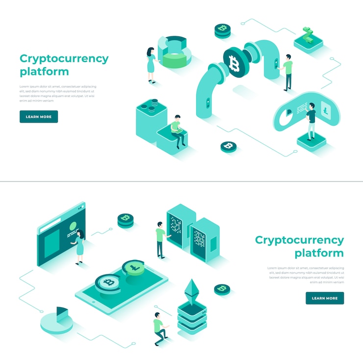 Vector intercambio de criptomonedas y composición isométrica de blockchain.