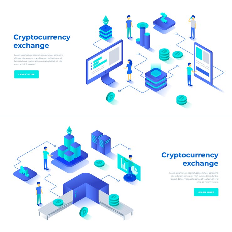Vector intercambio de criptomonedas y composiciones isométricas de blockchain.