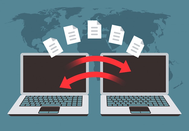 Vector intercambio de información entre ordenadores. transferencia de archivos, gestión de datos y archivos de copia de seguridad vector concepto