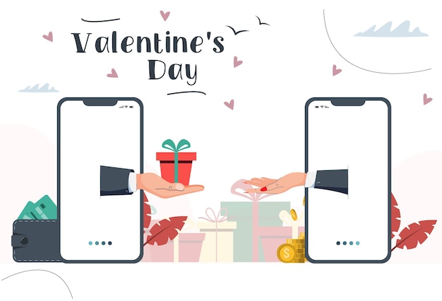 Intercambio de regalos online. regalos online en el día de san valentín. ilustración vectorial en estilo moderno