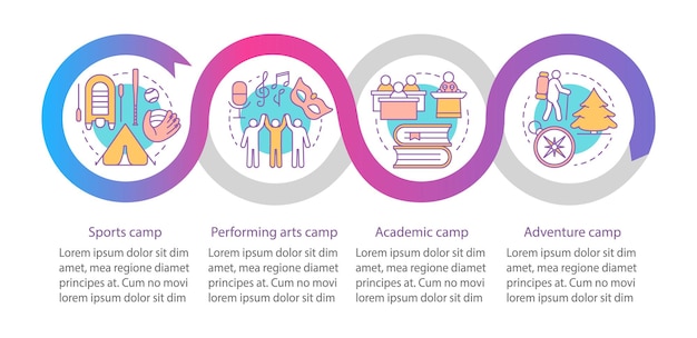 Interés, plantilla infográfica vectorial de campamentos de hobby. elementos de diseño de presentación de negocios. visualización de datos con cuatro pasos y opciones. gráfico de línea de tiempo del proceso. diseño de flujo de trabajo con iconos lineales