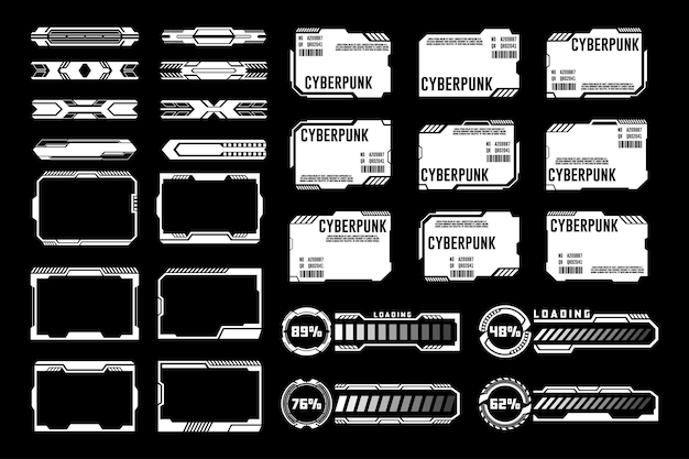Interfaz de alta tecnología Cyberpunk Elementos HUD Colección Barras de carga Marcos e indicadores de progreso