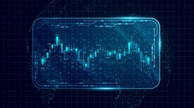 Interfaz de análisis del mercado mundial con gráfico de velas brillantes y mapa planetario Datos globales