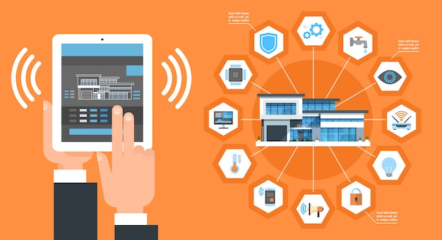 Vector interfaz de aplicación para el hogar inteligente en concepto de automatización de sistema de control de casa moderna de tableta digital