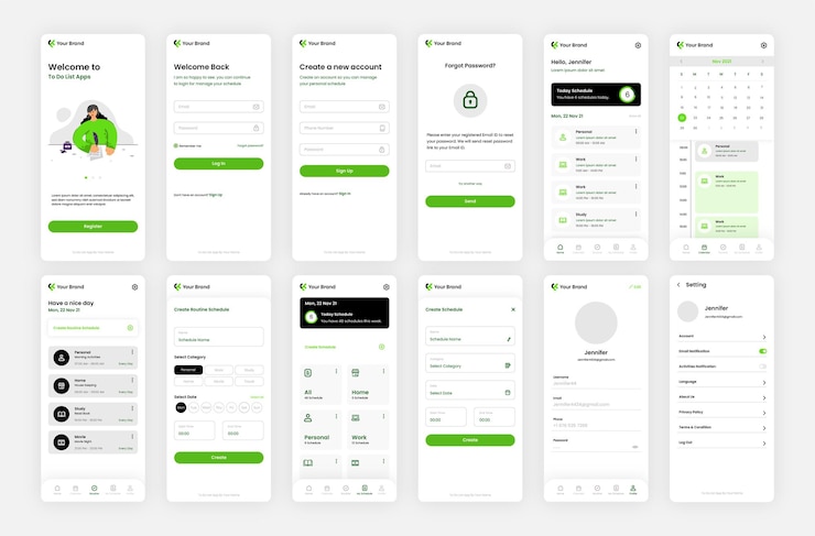 Vector interfaz de la aplicación de la lista de tareas pendientes de 12 pantallas