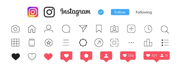 Vector interfaz de aplicación móvil de redes sociales de instagram conjunto de iconos aislados vector editorial rivne ucrania 22 de noviembre de 2023