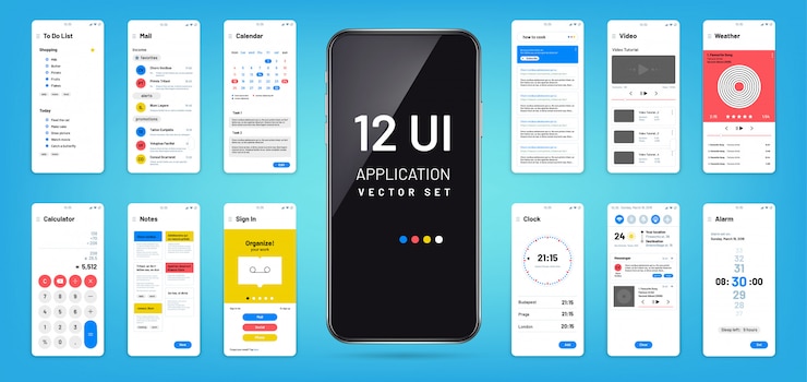 Vector interfaz de la aplicación móvil. ui, plantillas de estructura metálica de pantalla ux. diseño vectorial de aplicación de pantalla táctil