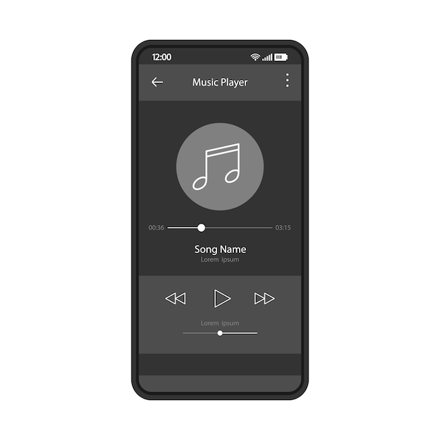 Interfaz de la aplicación del reproductor de música Plantilla de color vectorial Página de la aplicación móvil Diseño en negro Pantalla de navegación del reproductor multimedia Interfaz gráfica de usuario plana Reproducción de radio de audio Pantalla del teléfono