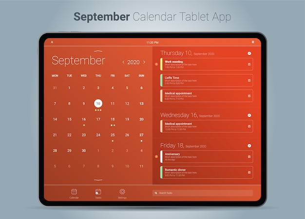 Vector interfaz de aplicación de la tableta calendar de septiembre