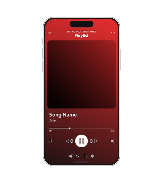 Interfaz de aplicación de teléfono inteligente que reproduce una canción de una lista de reproducción con diseño de gradiente rojo