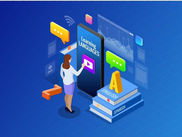 Vector interfaz de aprendizaje de idiomas en línea isométrica y concepto de enseñanza. estilo de vida de la escuela de idiomas en línea. concepto de educación. ilustración vectorial