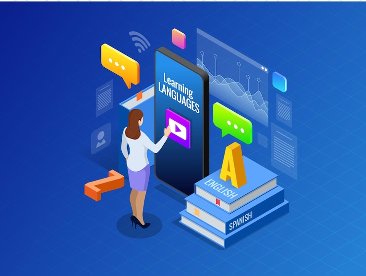 Vector interfaz de aprendizaje de idiomas en línea isométrica y concepto de enseñanza. estilo de vida de la escuela de idiomas en línea. concepto de educación. ilustración vectorial