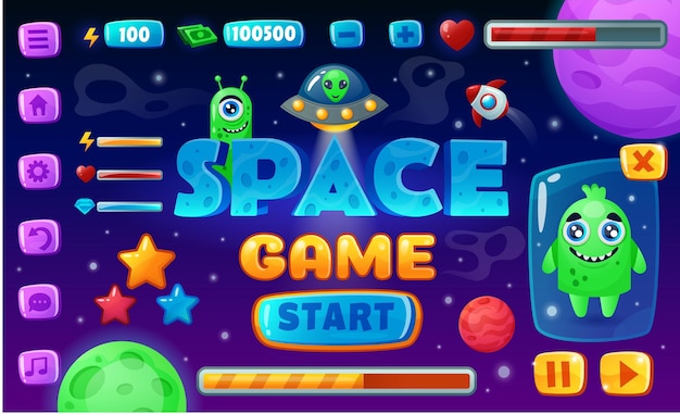 Interfaz de arcade de espacio de dibujos animados de juego Aventura de galaxia Iconos de jugadores Logotipo de nivel de inicio Diseño de tablero de menú Personaje alienígena Naves espaciales ganador Elementos de GUI conjunto Vector fondo ordenado
