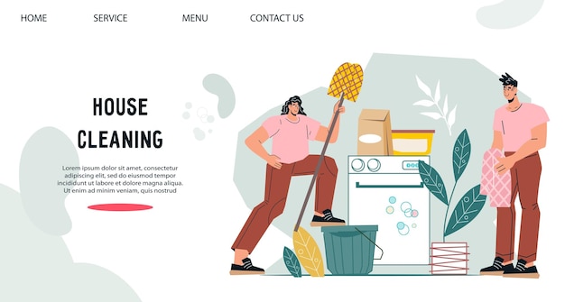 Interfaz de banner de sitio web con personas que realizan tareas domésticas vector plano