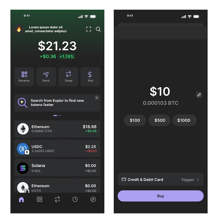 Vector interfaz de billetera móvil de criptomonedas que muestra el comercio y el saldo