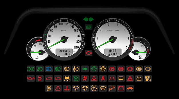 Vector interfaz blanca de control del coche con un conjunto de iconos de información que indican el estado del coche. ilustración vectorial, plantilla para juego o aplicación web