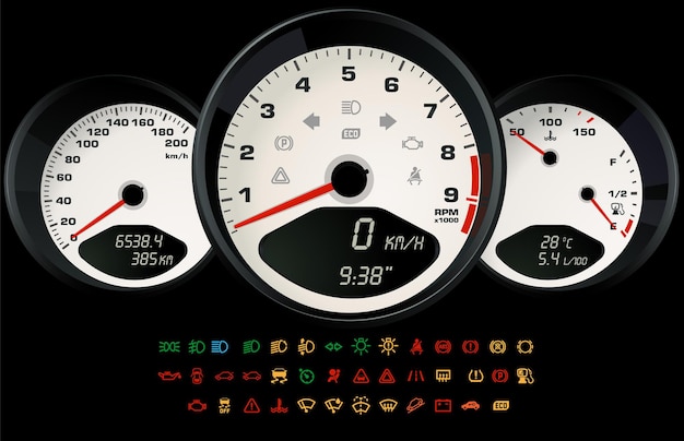 Interfaz blanca de control del coche con un conjunto de iconos de información que indican el estado del coche. Ilustración vectorial, plantilla para juego o aplicación web