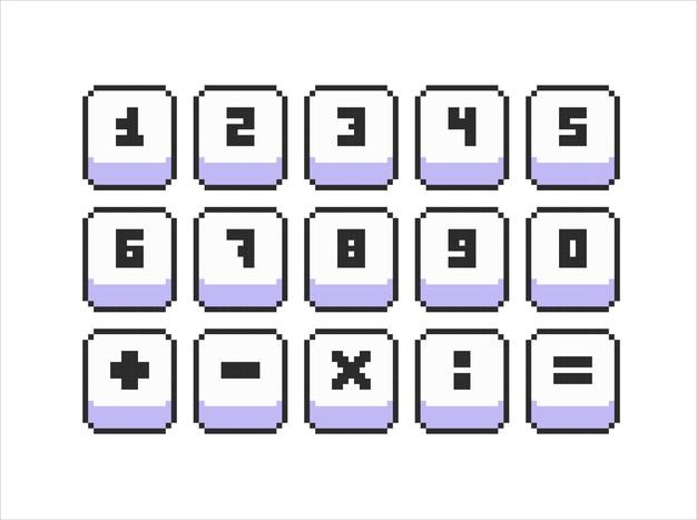 Interfaz de calculadora retro pixelada con botones de funciones numéricas y matemáticas en estilo 8bit