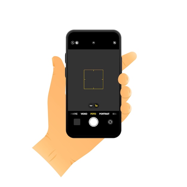 Interfaz de la cámara en la pantalla del teléfono inteligente Mano sujetando el teléfono para tomar fotos y videos Video de fotos ui en el teléfono móvil Foco del visor y grabación de botones Ilustración vectorial
