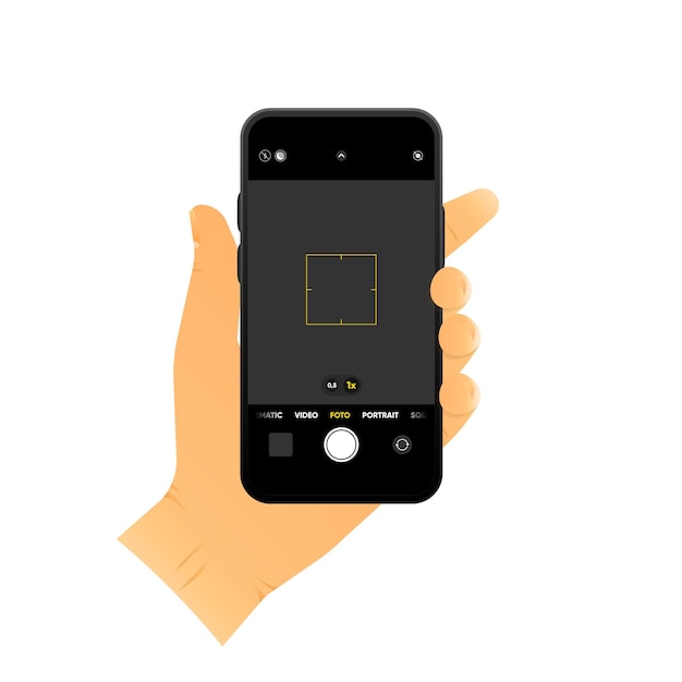 Vector interfaz de la cámara en la pantalla del teléfono inteligente mano sujetando el teléfono para tomar fotos y videos video de fotos ui en el teléfono móvil foco del visor y grabación de botones ilustración vectorial