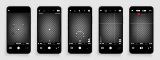 Interfaz de cámara de teléfono Fotografía de teléfono inteligente y plantilla de visor en blanco de video Aplicación con marco de enfoque y botones de ajuste Pantalla táctil de interfaz de usuario móvil Conjunto de bordes de enfoque digital de instantánea vectorial