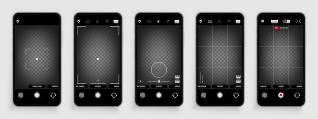 Vector interfaz de cámara de teléfono fotografía de teléfono inteligente y plantilla de visor en blanco de video aplicación con marco de enfoque y botones de ajuste pantalla táctil de interfaz de usuario móvil conjunto de bordes de enfoque digital de instantánea vectorial