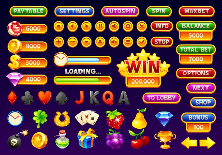 Vector interfaz de casino móvil interfaz de juego de tragamonedas aplicación de juego progresiva menú digital ui iconos botón cabecera ventana panel de póquer de dibujos animados jackpot ilustración vectorial neotérica