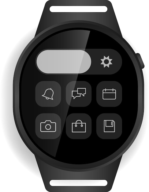 Interfaz circular de reloj inteligente con cuadrícula de aplicaciones y diseño minimalista