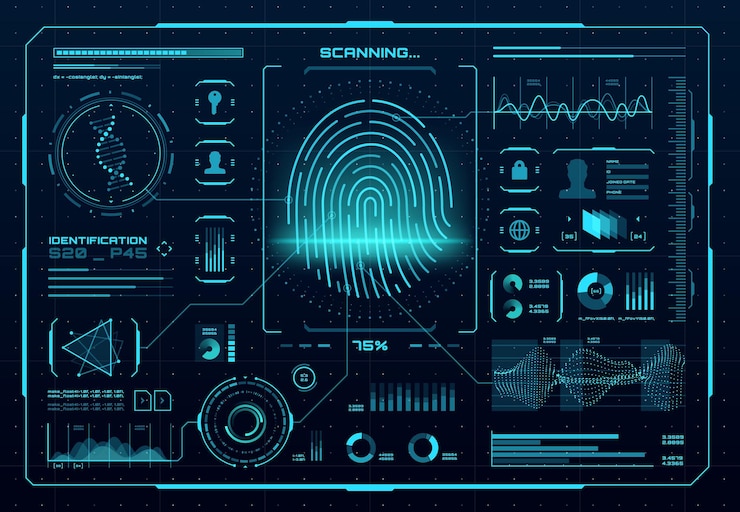 Vector interfaz de control de acceso biométrico de hud. escáner de huellas dactilares, identificación digital o tecnología de autenticación. impresión del pulgar del vector con elementos infográficos brillantes de neón, adn, gráficos y tablas