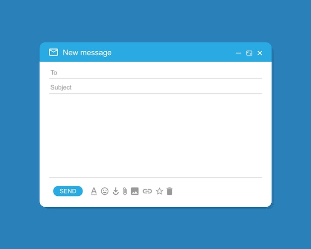 Vector interfaz de correo electrónico. plantilla de ventana de correo, marco aislado de mensaje de internet, diseño de interfaz de usuario de correo electrónico en blanco en azul. eps vectoriales 10