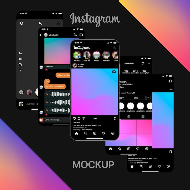 Interfaz de Instagram realista en historias de mensajes de fotos de perfil de teléfono inteligente