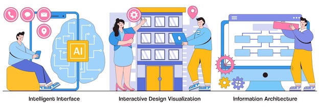 Interfaz inteligente diseño interactivo visualización arquitectura de la información con personajes de personas paquete de ilustraciones