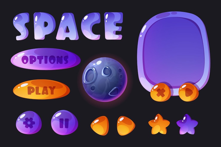 Interfaz de interfaz de juego espacial Arcada espacial de dibujos animados con iconas de aventura de galaxia Diseño de tablero de menú