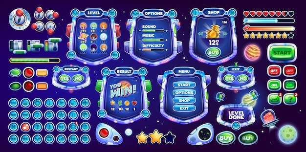 Interfaz de juego espacial de galaxia de dibujos animados Botones de juego elementos de interfaz gráfica de usuario recurso de juego de interfaz de usuario de pantallas vectoriales de menú Barras de estado de nave espacial paneles y botones con planetas monedas estrellas OVNI y personajes alienígenas