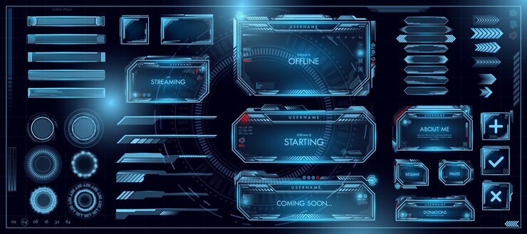 Vector interfaz de juego futurista colección de hologramas hud marco espacial ui botón scifi monitor o panel marcos y botones menú de ciencia digital elementos brillantes azules plantilla de ilustración vectorial
