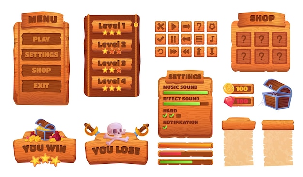 Interfaz de juego de madera Cartoon de madera ui marco de tablero para juegos 2d woodens textura panel de menú ajuste deslizador barra de comprobación tableta gui diseño de aplicaciones móviles juegos elemento ilustración vectorial