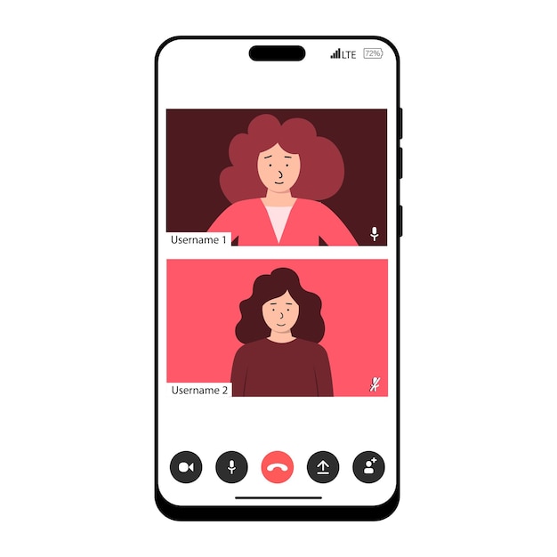 Interfaz de llamada de vídeo móvil pantalla del dispositivo de llamada de video con dos mujeres mockup de llamada de imagen para aplicación telefónica con botones de llamada