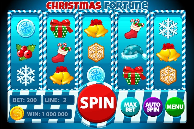 Interfaz de máquina tragamonedas de la fortuna de Navidad azul con íconos de Navidad Bandera con máquina tragomonedas de dulces y caja de regalos Sombrero de Navidad moneda baya copo de nieve calcetín de Navidad símbolos de tragamonedas para sus juegos