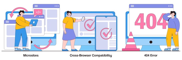 Interfaz de micrositio, compatibilidad entre navegadores, concepto de error 404 con personas diminutas. Conjunto de ilustraciones vectoriales de desarrollo web. Programación, página de la empresa, página no encontrada, metáfora del usuario del sitio web.