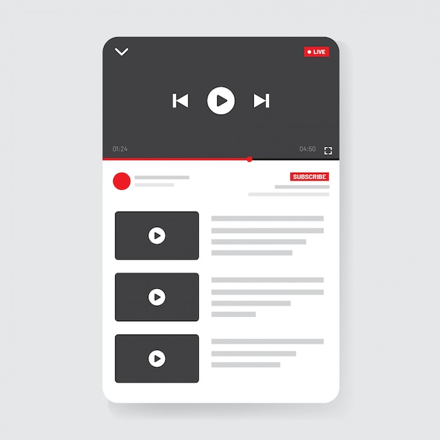 Interfaz móvil de reproductor de video. Diseño de IU para redes sociales. ventana del teléfono de transmisión en vivo