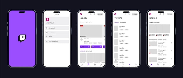 Interfaz móvil de Twitch Twitch Iphone 15 pantalla plantilla de interfaz de la plataforma de transmisión de redes sociales Búsqueda de la página de inicio seguimiento de suscripción perfil de visualización ilustrativo editorial