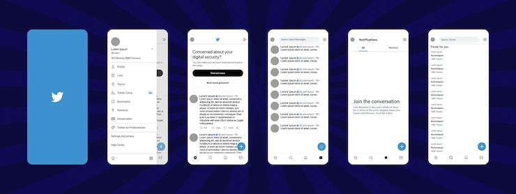 Vector interfaz móvil de twitter pantalla de twitter plantilla de interfaz de red social de redes sociales página principal logotipo recomendaciones perfil de suscripción ilustración editorial