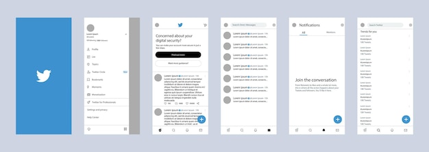 Interfaz móvil de Twitter Pantalla de Twitter Redes sociales Plantilla de interfaz de red social Logotipo de la página de inicio Notificaciones de aves Tendencias de búsqueda Editorial