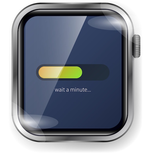 Interfaz de pantalla de carga de reloj inteligente con barra de progreso colorida y mensaje de espera
